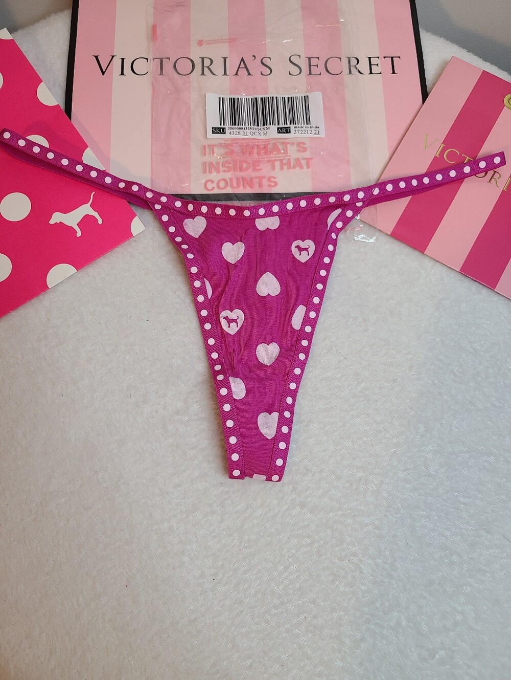 VS PINK Graphic Cotton High Leg V-string Thong Panty Size M